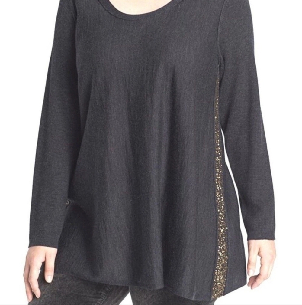$358 Eileen Fisher Italian Fine Merino Jersey W/Sequins Charcoal Top S